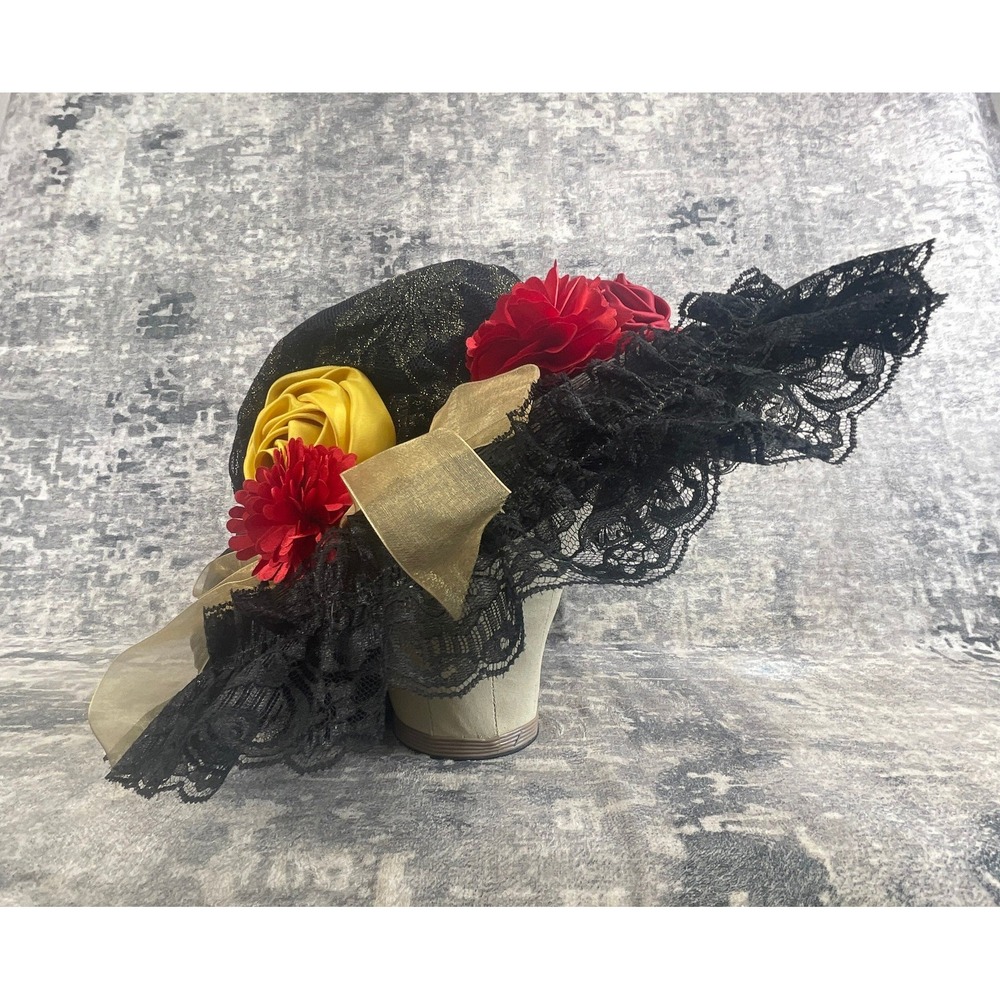 Vintage 80s Amanda Smith Wide Brim Kentucky Derby Hat Black Lace Roses Formal